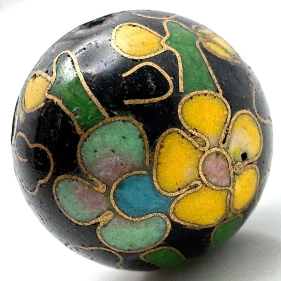 Cloisonne 5 Black Beads 14 MM Yellow Pink Green Flowers Cloisonne Beads 14 MM - Picture 5 of 8